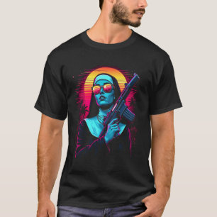 Non met een wapen Heilige vuurwapen Retro Synthwav T-shirt