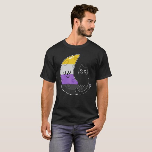 Nonbinary moon Space Cat LGBT Pride with NB Non Bi T-shirt (Voorkant volledig)