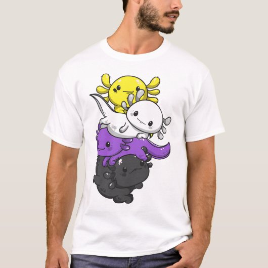 Nonbinary Pride Kawaii Axolotl Pile Niet Binair FL T-shirt (Voorkant)