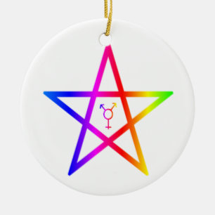 Nonbinary transgender regenboogpentagram keramisch ornament