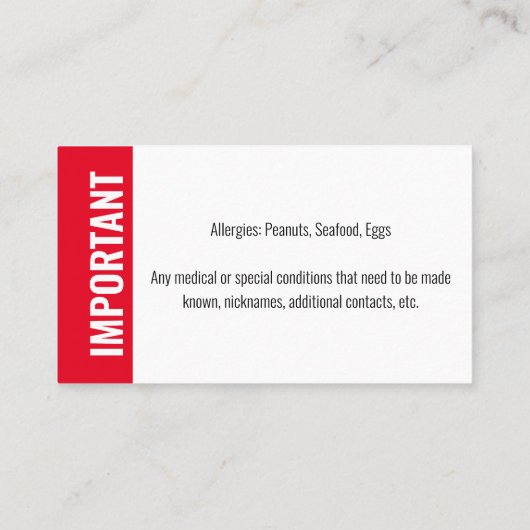 Noodallergische foto voor identificatie van kinder visitekaartje (Achterkant)