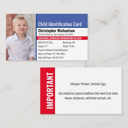 Noodallergische foto voor identificatie van kinder visitekaartje (Voorkant / Achterkant)