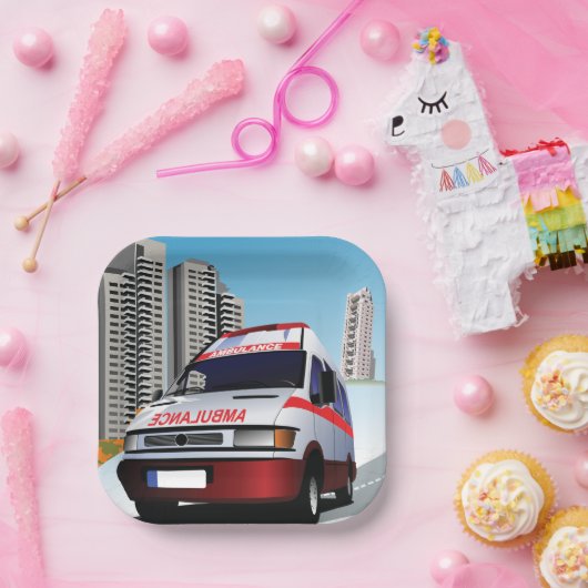 Noodambulance in CityScape Medical Rescue Papieren Bordje (Feest)