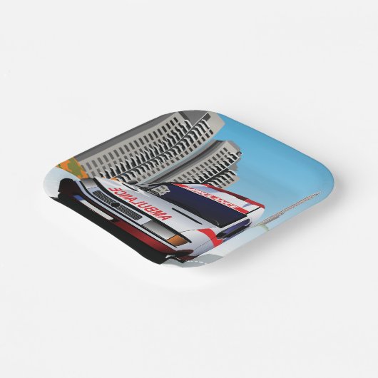 Noodambulance in CityScape Medical Rescue Papieren Bordje (Gebogen)