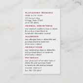 Noodkaarten voor medische ID Visitekaartje (Achterkant)