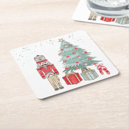 Noodkraker, kerstboom en cadeaus kartonnen onderzetters (Schuin)