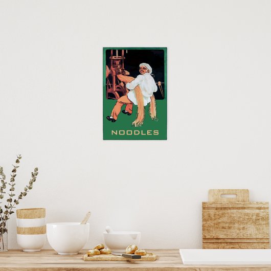 NOODLEN, Man en machine van de Deegbank, geef teks Poster (Keuken)