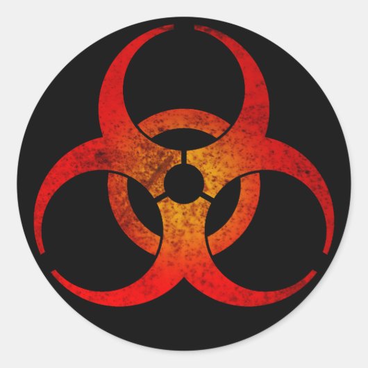 Noodlijdend Rood & Geel Biohazard Symbool op Zwart Ronde Sticker (Voorkant)