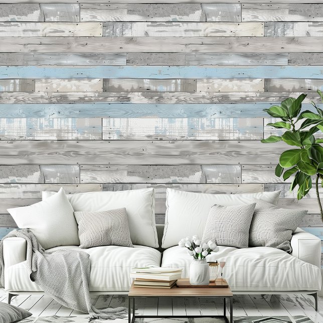 Noodlijdende Beachwood Lichtblauw Grijs Kamerpatro Behang (Distressed Beachwood Light Blue Gray Room Office Wallpaper)