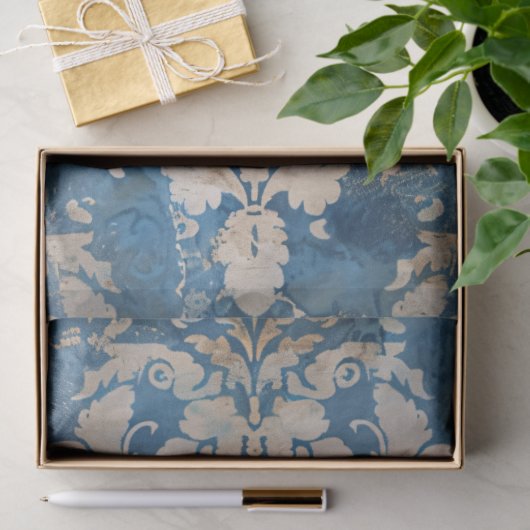 Noodlijdende Damast Blauw en Geel Decoupage Tissuepapier (Geschenk)