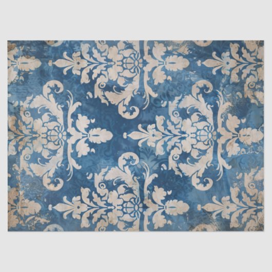 Noodlijdende Damast Blauw en Geel Decoupage Tissuepapier (Voorkant)