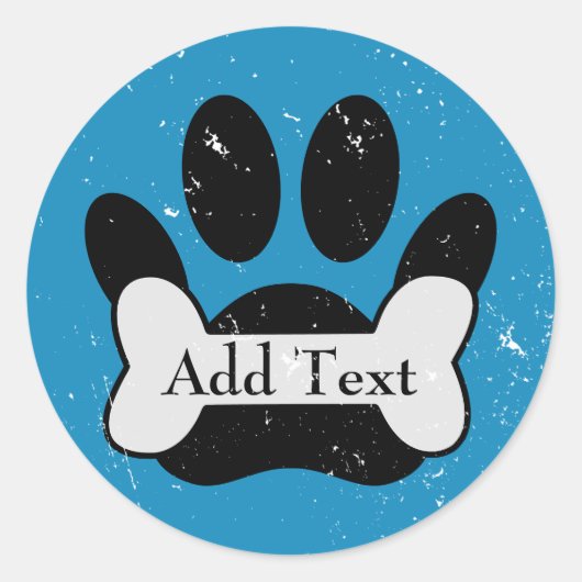 Noodlijdende hond poot print en bot op baby blauw ronde sticker (Voorkant)