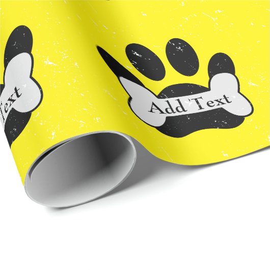 Noodlijdende hond pow print en bot op geel cadeaupapier (Rol Hoek)