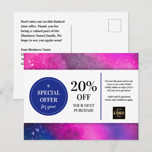 Noodlijdende Pink Magenta Waterverf Coupon Korting Briefkaart (Voorkant / Achterkant)