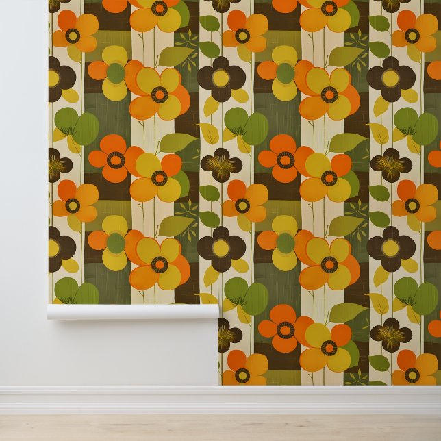 Noodlijdende Retro Stijl Bloemen in Aardse Tonen Behang (Applicatie)