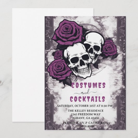 Noodlijdende Skulls Paarse Rozen Halloween Party Kaart (Voorkant / Achterkant)