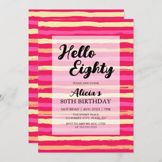 Noodlijdende Strepen Roze Kleurrijke 80ste Verjaar Kaart (Voorkant / Achterkant)