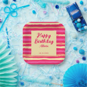 Noodlijdende Strepen Roze Peach Kleurrijke Verjaar Papieren Bordje (Feest)