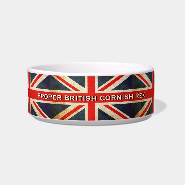 Noodlijdende Union Jack Britse Cornish Rex Cat Bow Voerbakje (Voorkant)