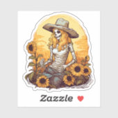 Noodlijdende Westerne Cowgirl Skelet en Zonnebloem Sticker (Vel)