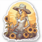 Noodlijdende Westerne Cowgirl Skelet en Zonnebloem Sticker (Voorkant)