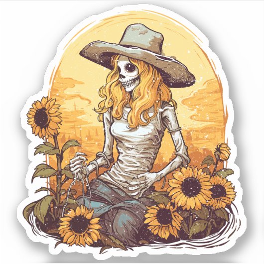 Noodlijdende Westerne Cowgirl Skelet en Zonnebloem Sticker (Voorkant)