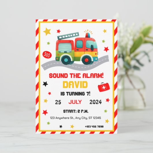 Noodplezier! Uitnodiging voor een feestje met bran (Staand voorkant)