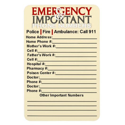 Noodsituatie en Belangrijke telefoonnummers 4"x6"m Magneet (Verticaal)