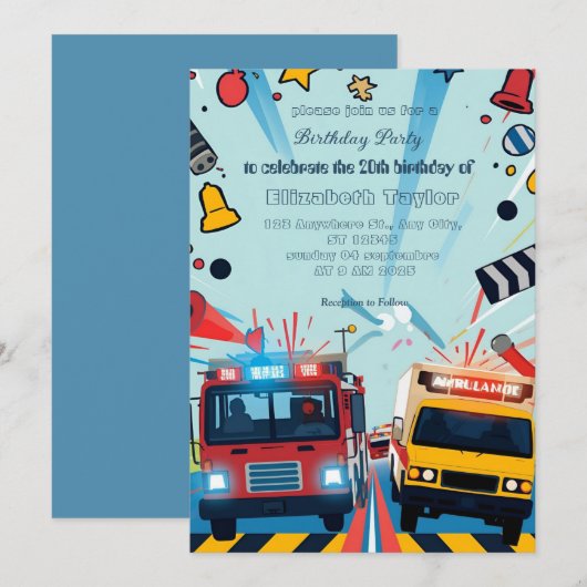 Noodvoertuigen feest uitnodiging (Voorkant / Achterkant)