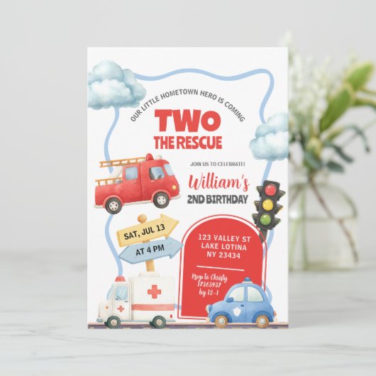 Noodvoertuigen twee de redding 2e verjaardag kaart (Staand voorkant)