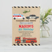 Noodvoertuigen Verjaardagsuitnodiging Kaart (Staand voorkant)