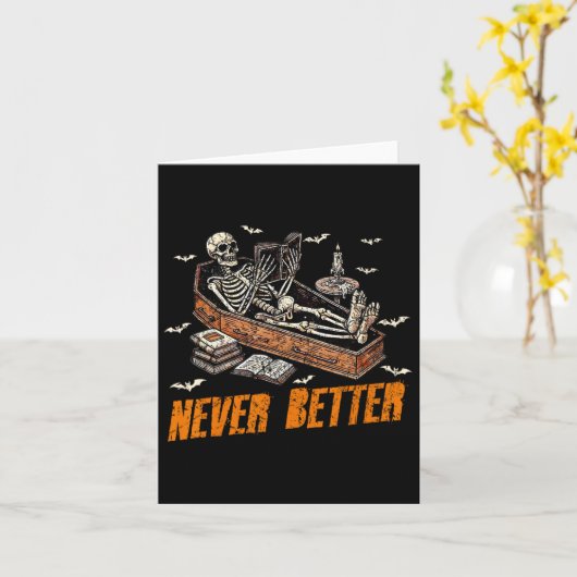 Nooit beter Grappig Skeleton Leesboek In Coffin Kaart (Gele Bloem)