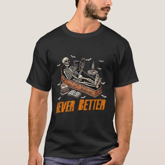 Nooit beter Grappig Skeleton Leesboek In Coffin T-shirt (Voorkant)