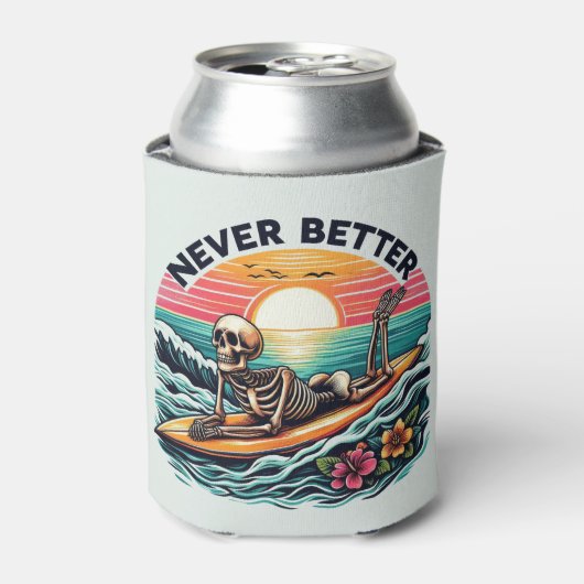 Nooit beter - Skeleton Surfing Sunset Wave Design Blikjeskoeler (Blikje Voorkant)