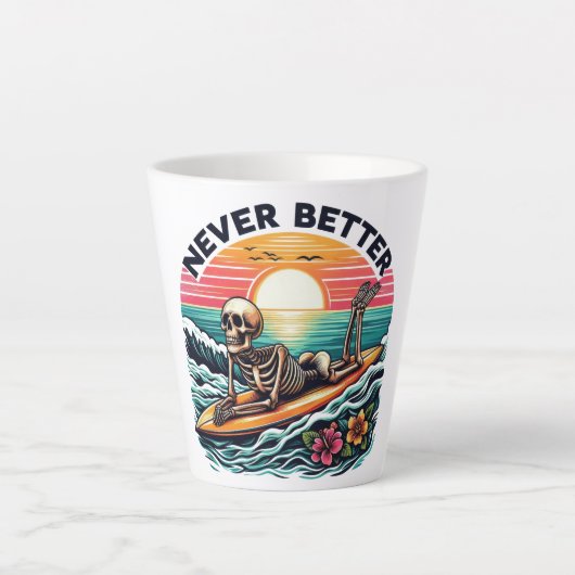Nooit beter - Skeleton Surfing Sunset Wave Design Latte Mok (Voorkant)