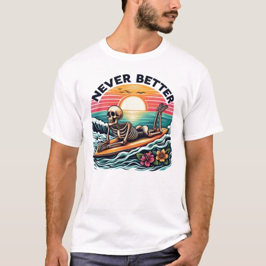 Nooit beter - Skeleton Surfing Sunset Wave Design T-shirt (Voorkant)