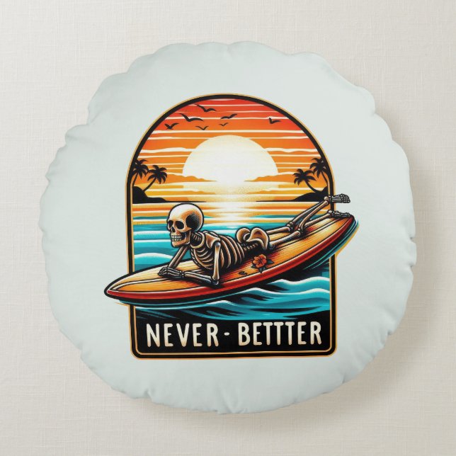 Nooit beter - Skeleton Surfing Sunset Wave Rond Kussen (Voorkant)