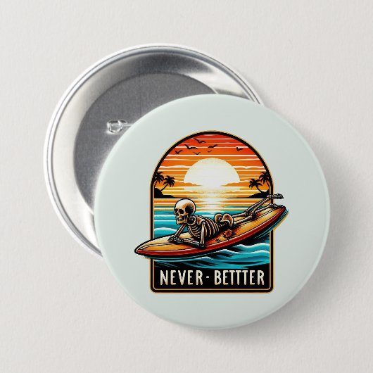 Nooit beter - Skeleton Surfing Sunset Wave Ronde Button 7,6 Cm (Voorkant /achterkant)