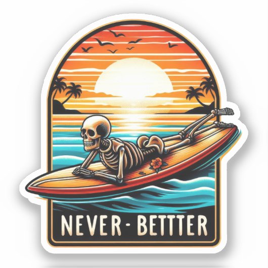 Nooit beter - Skeleton Surfing Sunset Wave Sticker (Voorkant)
