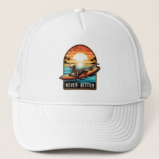 Nooit beter - Skeleton Surfing Sunset Wave Trucker Pet (Voorkant)