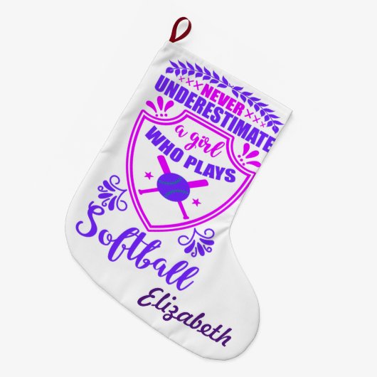 Nooit een meisje onderschatten dat Softball speelt Grote Kerstsok (Voorkant (Hangend))