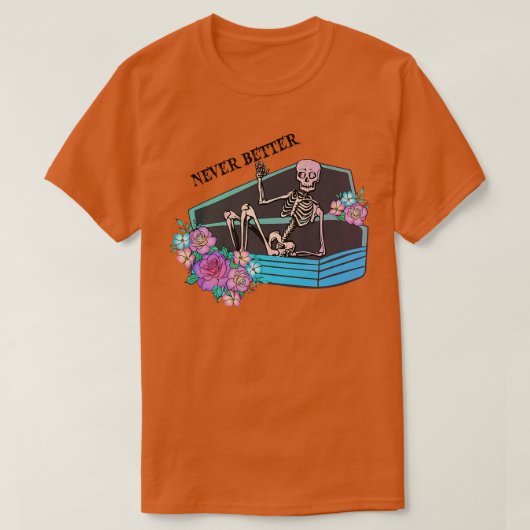 Nooit meer grappige skelet in Coffin Halloween Co T-shirt (Design voorkant)