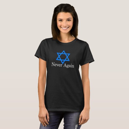 Nooit meer Joodse davidster Holocaust herdenken T-shirt (Voorkant volledig)