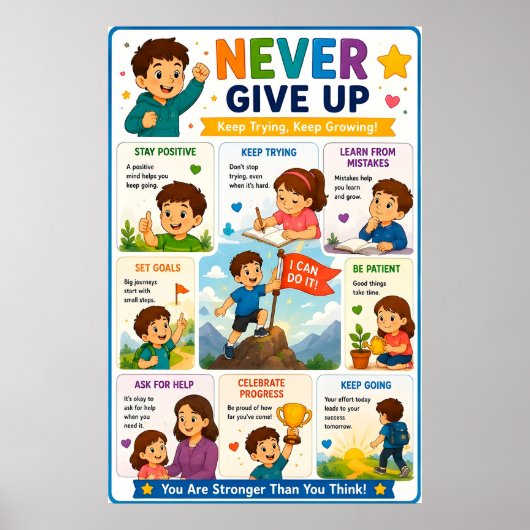 💪 Nooit Opgeven Voor Kinderen Groei Mindset Motiv Poster (Voorkant)