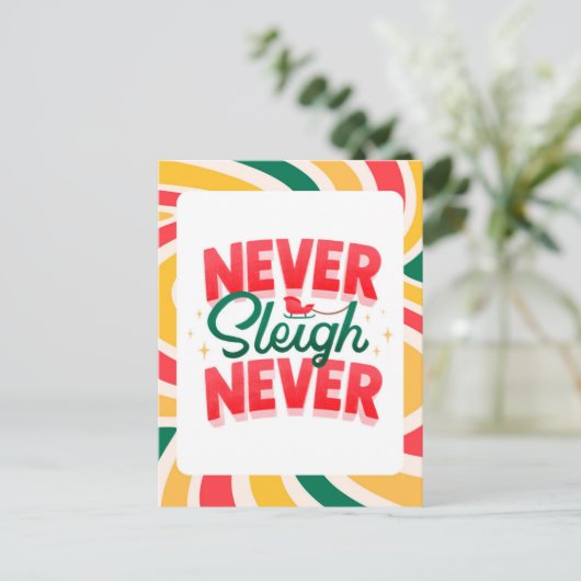 'Nooit Sleigh Nooit' briefkaart met retro-wave ker (Staand voorkant)