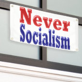 Nooit socialisme met rode blauwe tekst spandoek (Buitenkant Gebouw)