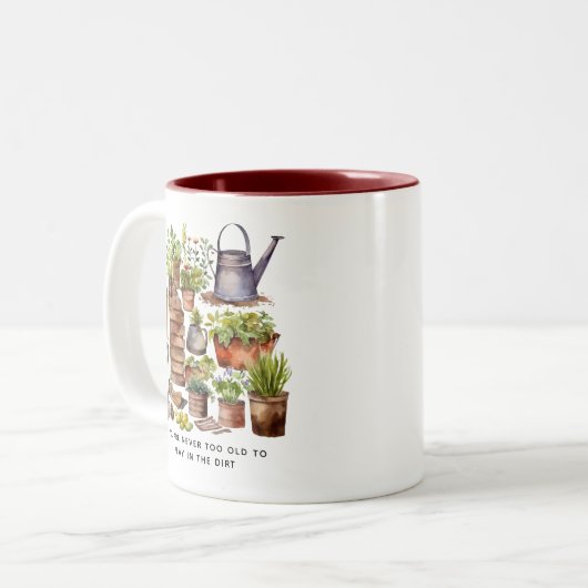 Nooit te oud om in vuil te spelen tweekleurige koffiemok (Voorkant links)