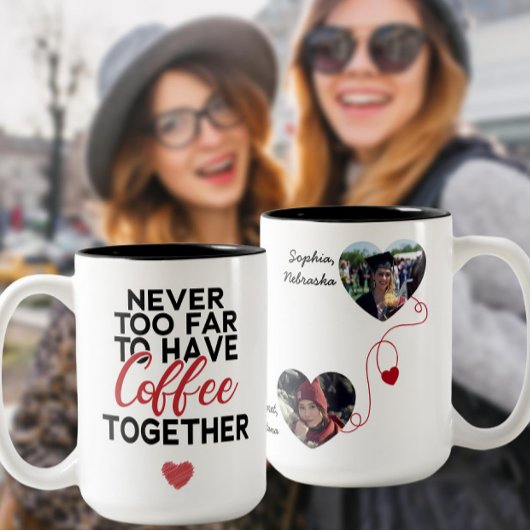 Nooit te ver om samen koffie te drinken tweekleurige koffiemok