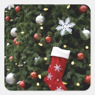 Noord-Amerika. kerstversieringen op boom. 5 Vierkante Sticker