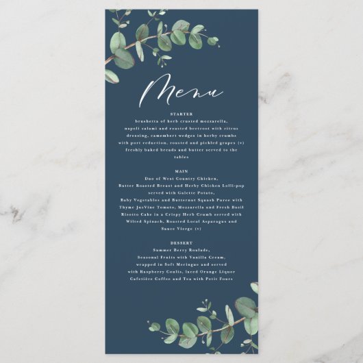 Noordblauwe eucalyptus elegant bruiloft menu (Voorkant)